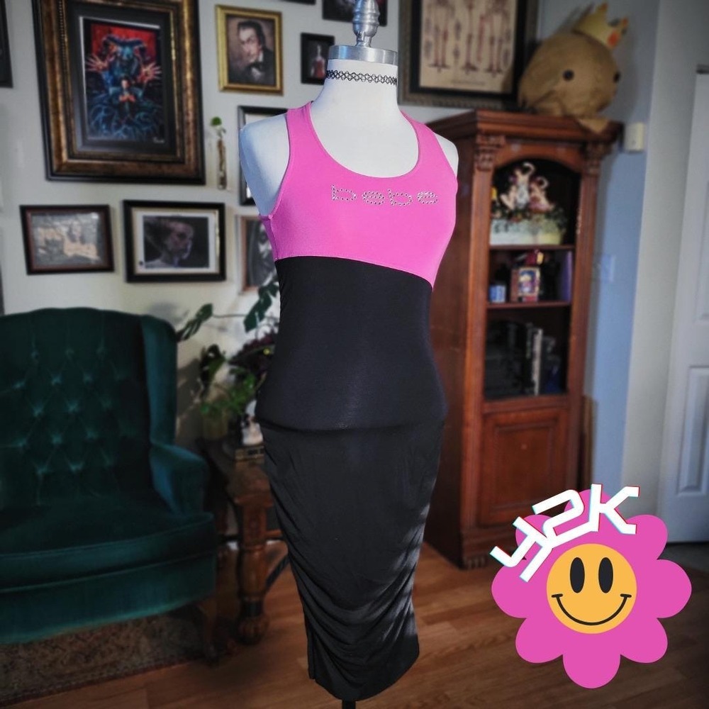 Bebe Pink Tank Dress Vintage Y2K Pink Black Bodycon Racerback Tank‎ Midi Dress